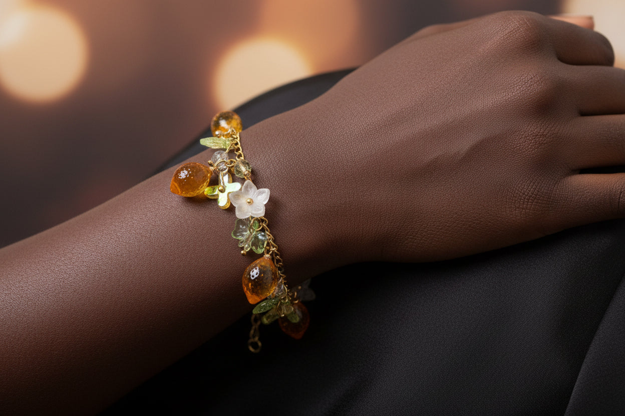 Handmade lemon  jewelry with hypoallergenic gold plated stainless steel hardware and resin glass beads