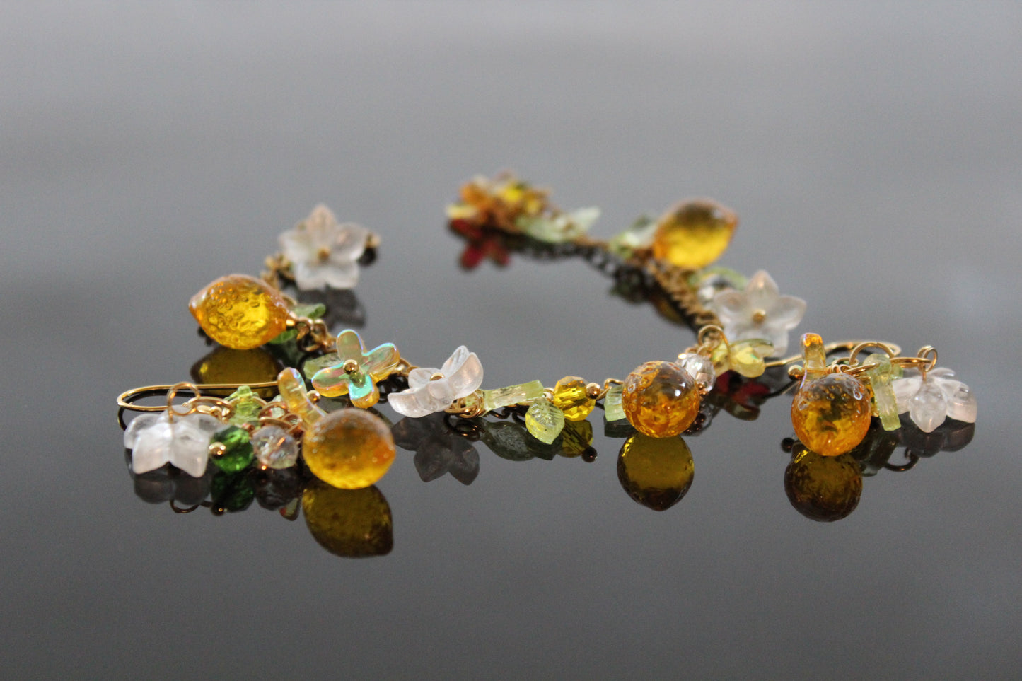 Handmade lemon  jewelry with hypoallergenic gold plated stainless steel hardware and resin glass beads