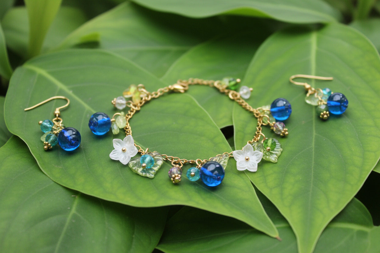 Handmade  blueberry jewelry with hypoallergenic gold plated stainless steel hardware and resin glass beads