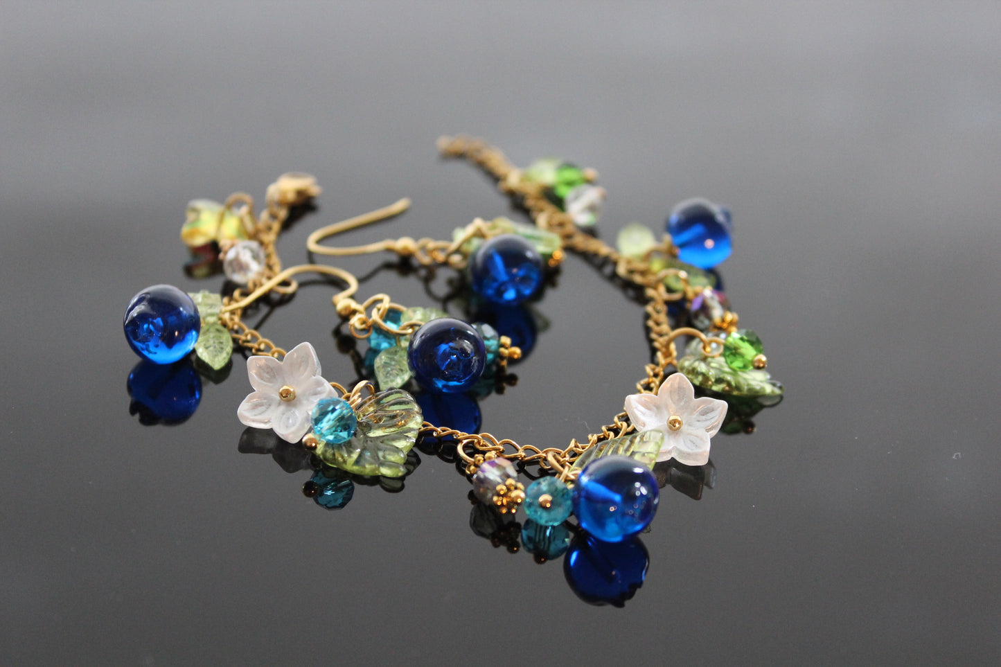 Handmade  blueberry jewelry with hypoallergenic gold plated stainless steel hardware and resin glass beads