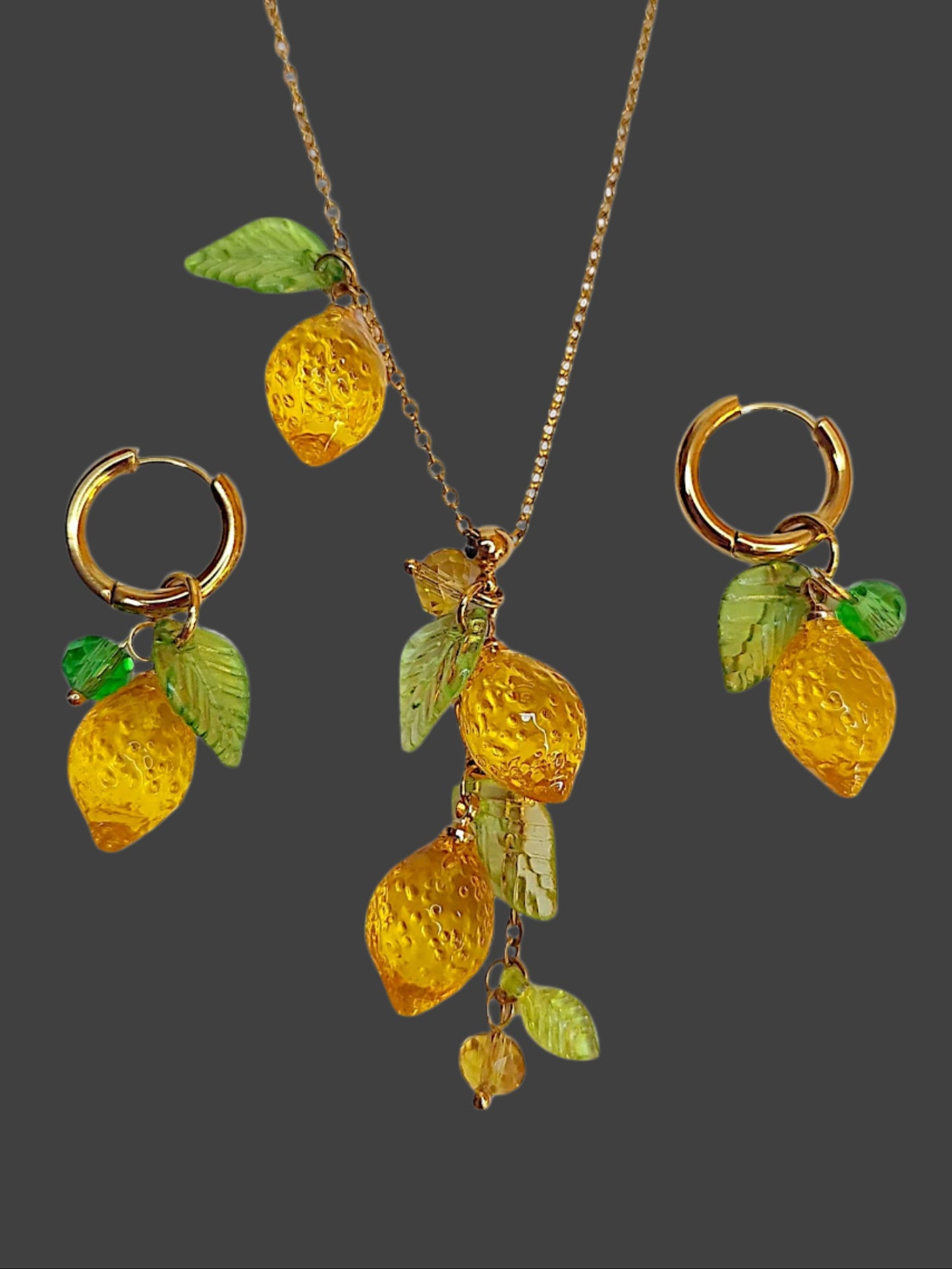 Handmade Fruit Jewelry Set, 18K Gold Plated Necklace and Earrings, Lemons