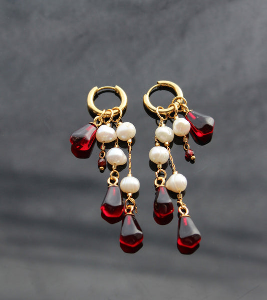 Pomegranate seed hoop earrings  with natural pearls 14K gold plated stainless steel, non tarnish jewelry