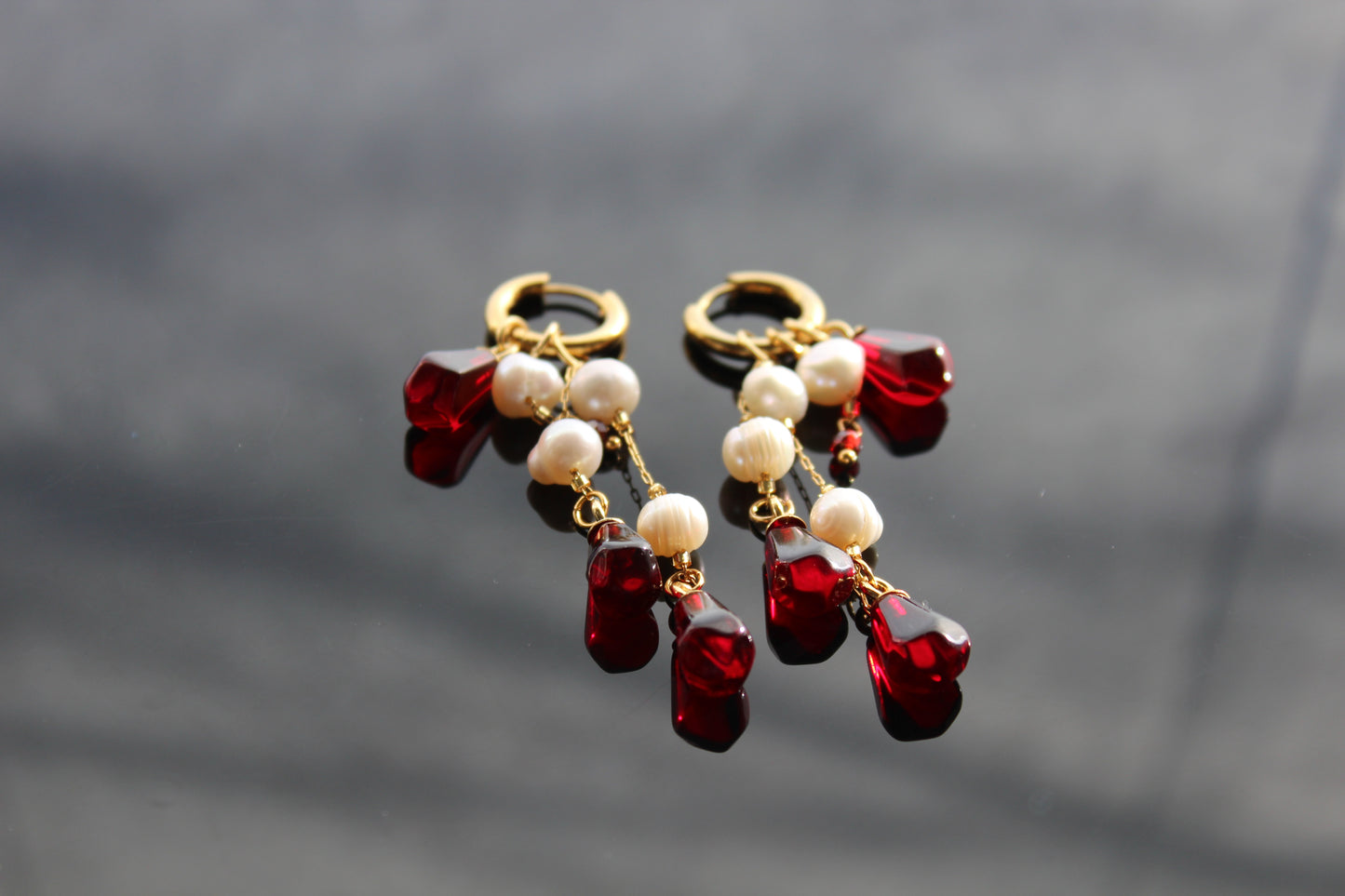 Pomegranate seed hoop earrings  with natural pearls 14K gold plated stainless steel, non tarnish jewelry