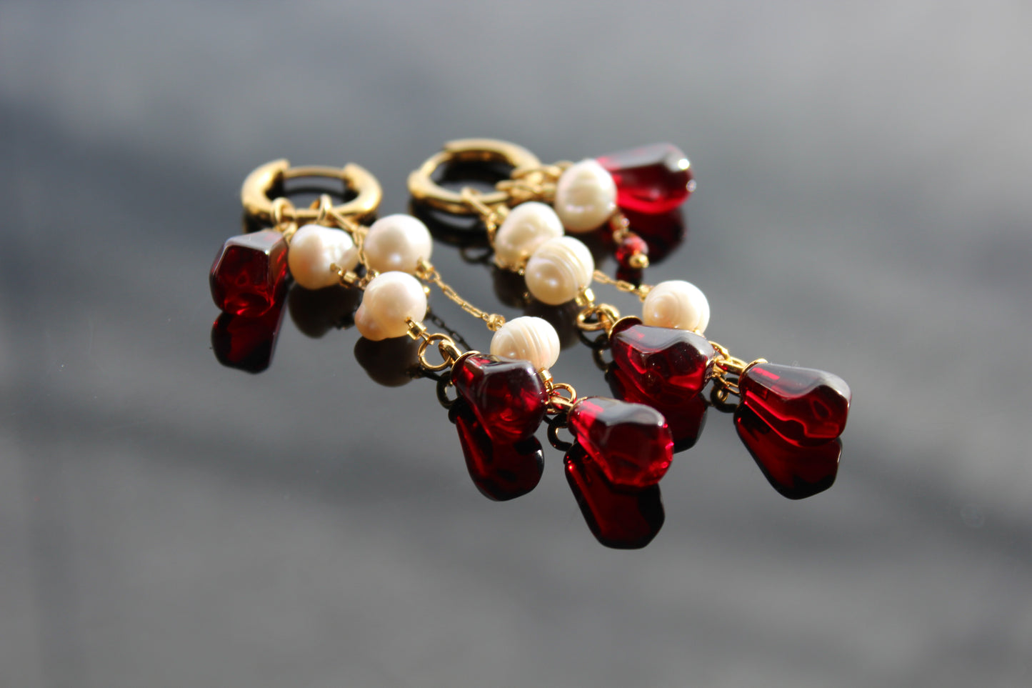 Pomegranate seed hoop earrings  with natural pearls 14K gold plated stainless steel, non tarnish jewelry