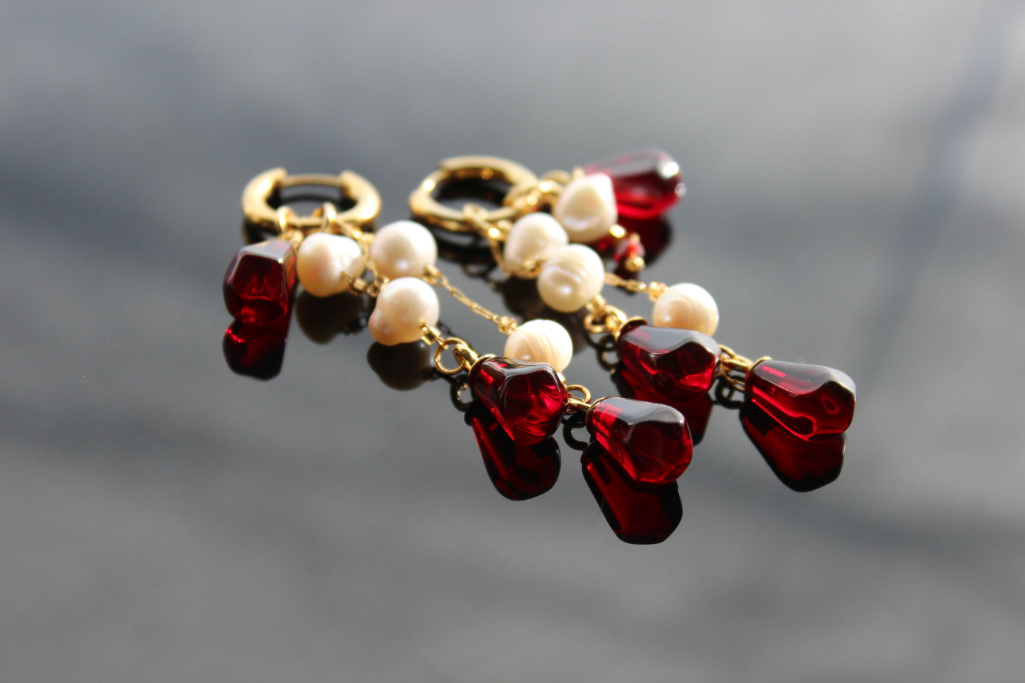 Pomegranate seed hoop earrings  with natural pearls 14K gold plated stainless steel, non tarnish jewelry