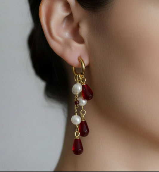 Hypoallergenic Pomegranate glass seeds hoop earrings  with natural pearls 14K gold plated stainless steel, non tarnish jewelry