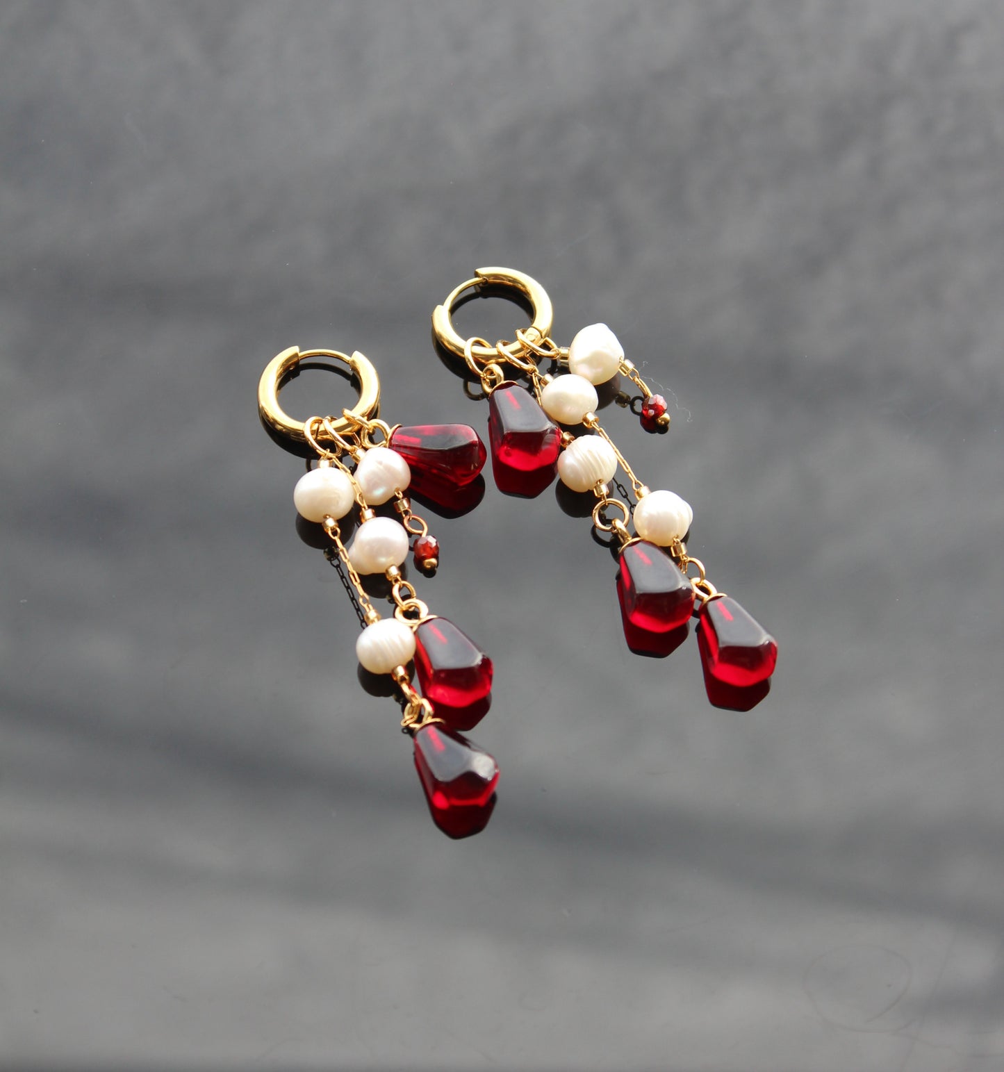 Pomegranate seed hoop earrings  with natural pearls 14K gold plated stainless steel, non tarnish jewelry