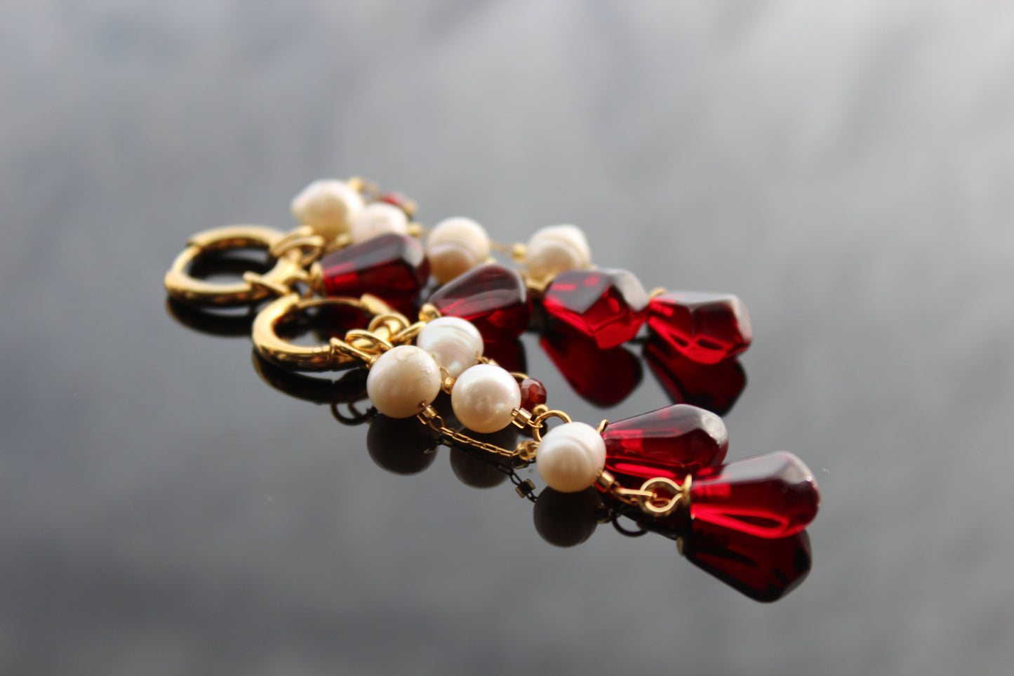 Pomegranate seed hoop earrings  with natural pearls 14K gold plated stainless steel, non tarnish jewelry