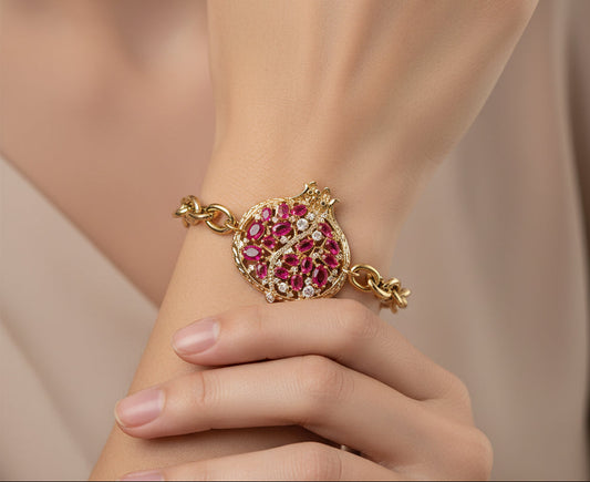 Adjustable 14K gold plated stainless steel pomegranate bracelet with crystals and zircons