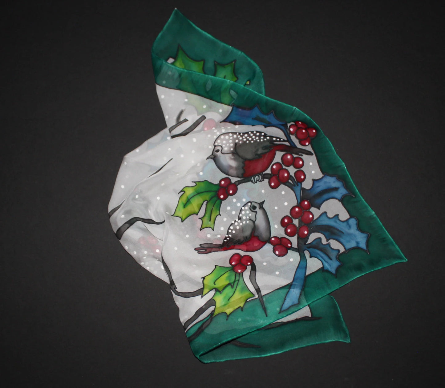 Hand painted Winter scarf, Snowball Winter Bird scarf
