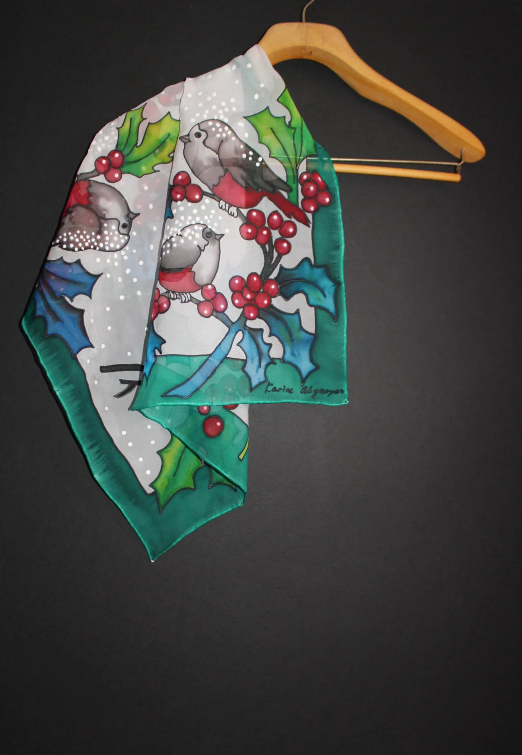 Hand painted Winter scarf, Snowball Winter Bird scarf