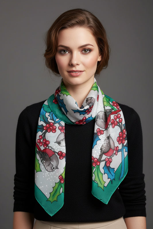 Hand painted Winter scarf, Snowball Winter Bird scarf