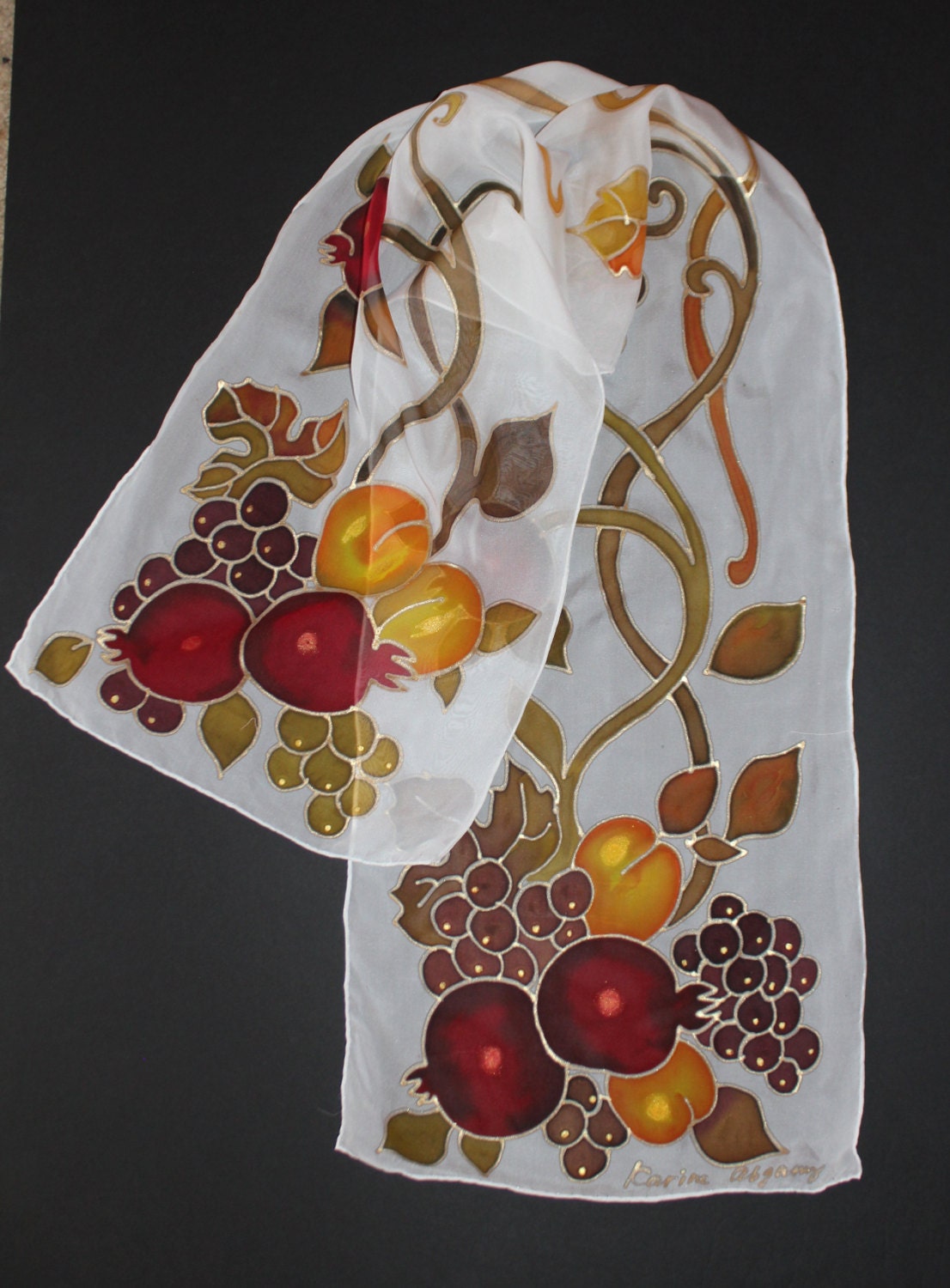 Hand painted long silk scarf Pomegranates
