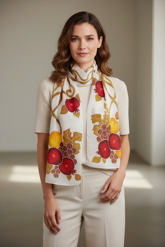 Hand painted long silk scarf Pomegranates