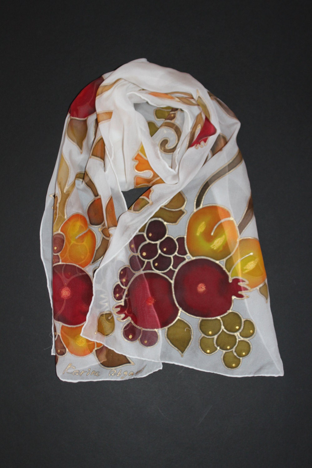 Hand painted long silk scarf Pomegranates