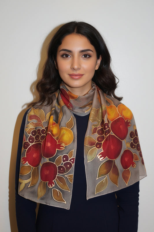 Hand painted fruits scarf, Pomegranates apricots grapes