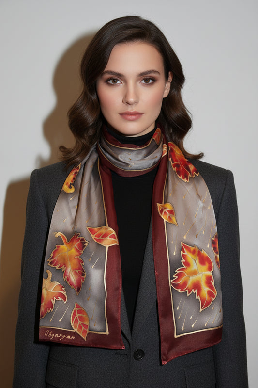 Hand painted silk scarf, Fall long satin scarf