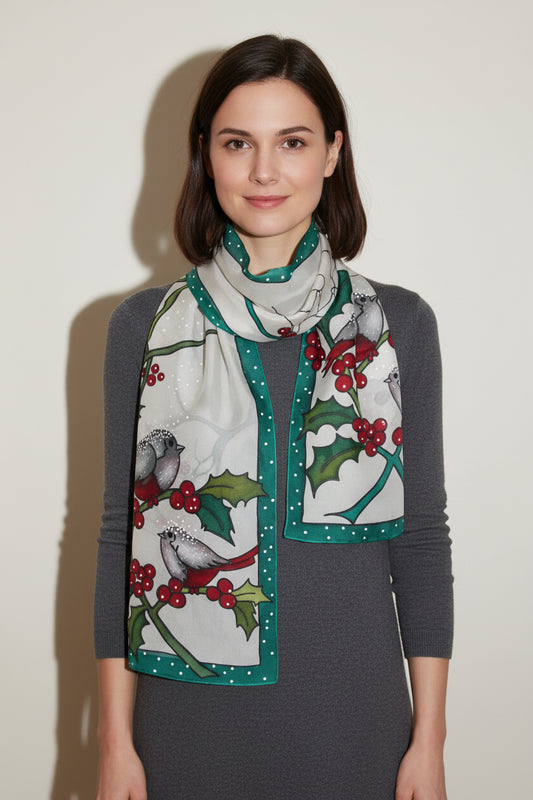 Hand painted Winter scarf, Snowball Winter Bird scarf