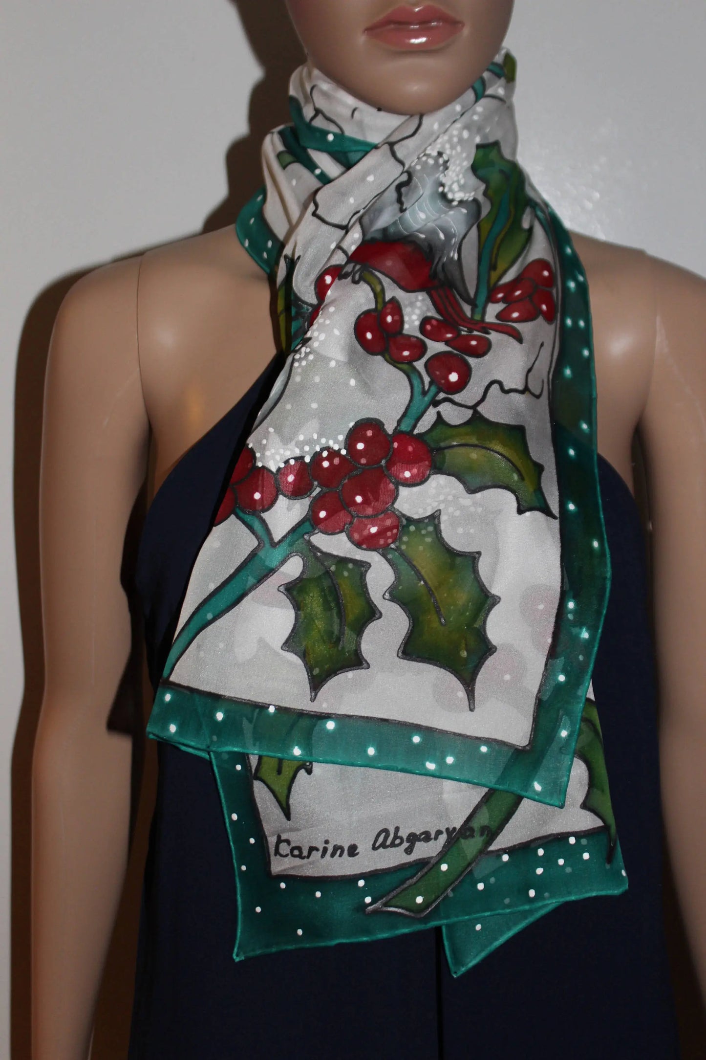 Hand painted Winter scarf, Snowball Winter Bird scarf