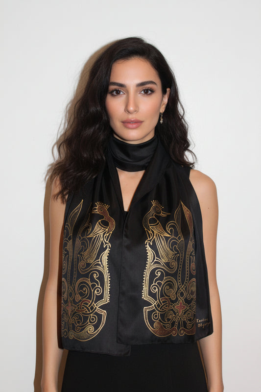 74-14 in Hand painted Armenian silk scarf, Long black gold scarf,Evening dress scarf, Armenian bird ornament