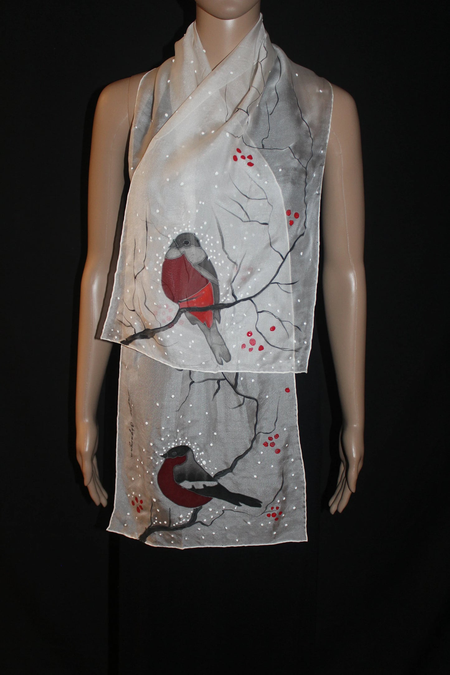 Hand painted Winter scarf, Snowball Winter Bird scarf