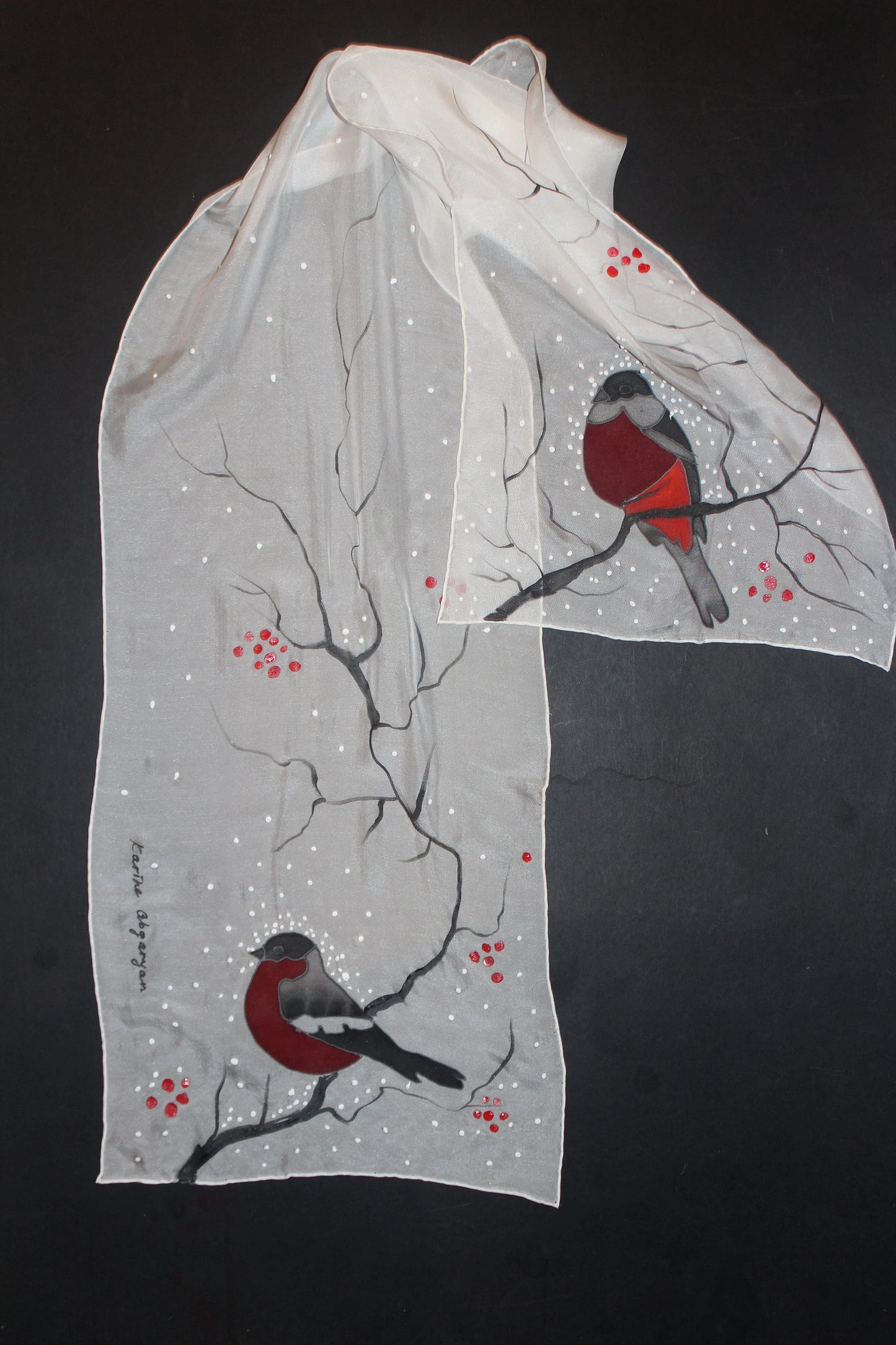 Hand painted Winter scarf, Snowball Winter Bird scarf