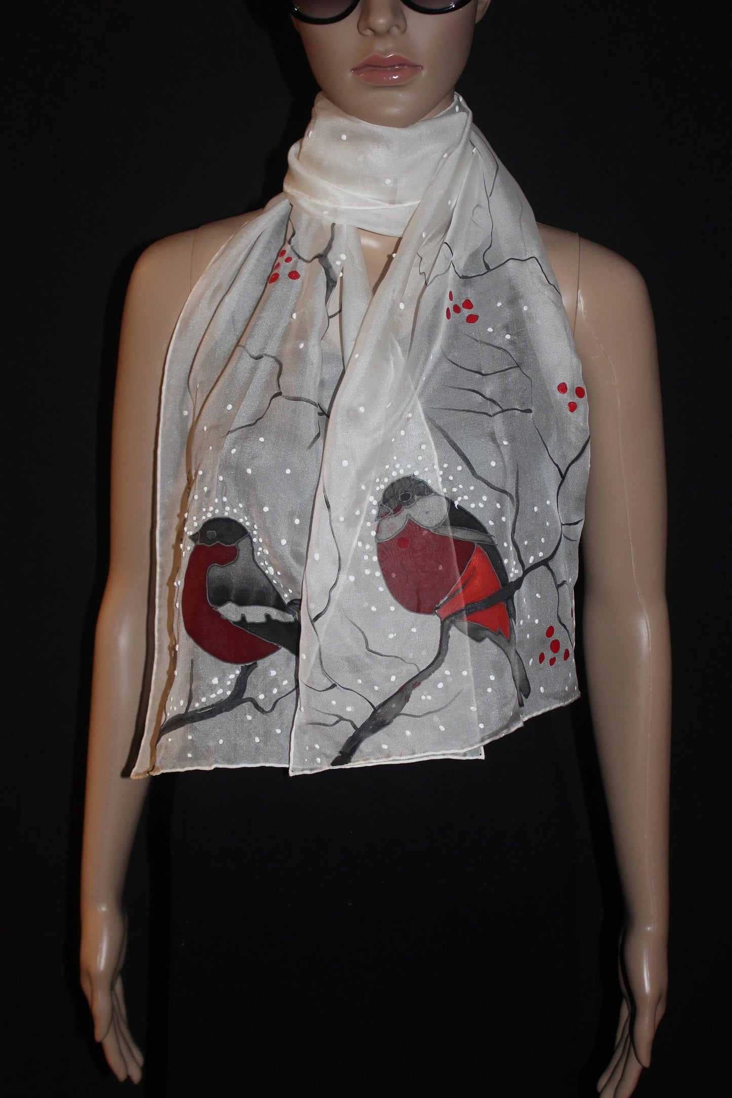 Hand painted Winter scarf, Snowball Winter Bird scarf