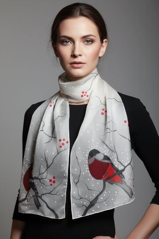 Hand painted Winter scarf, Snowball Winter Bird scarf