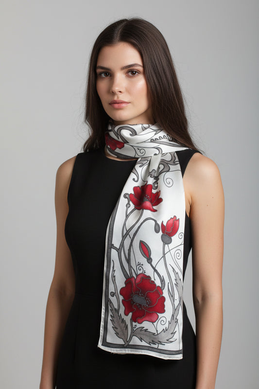 Hand painted poppy silk scarf