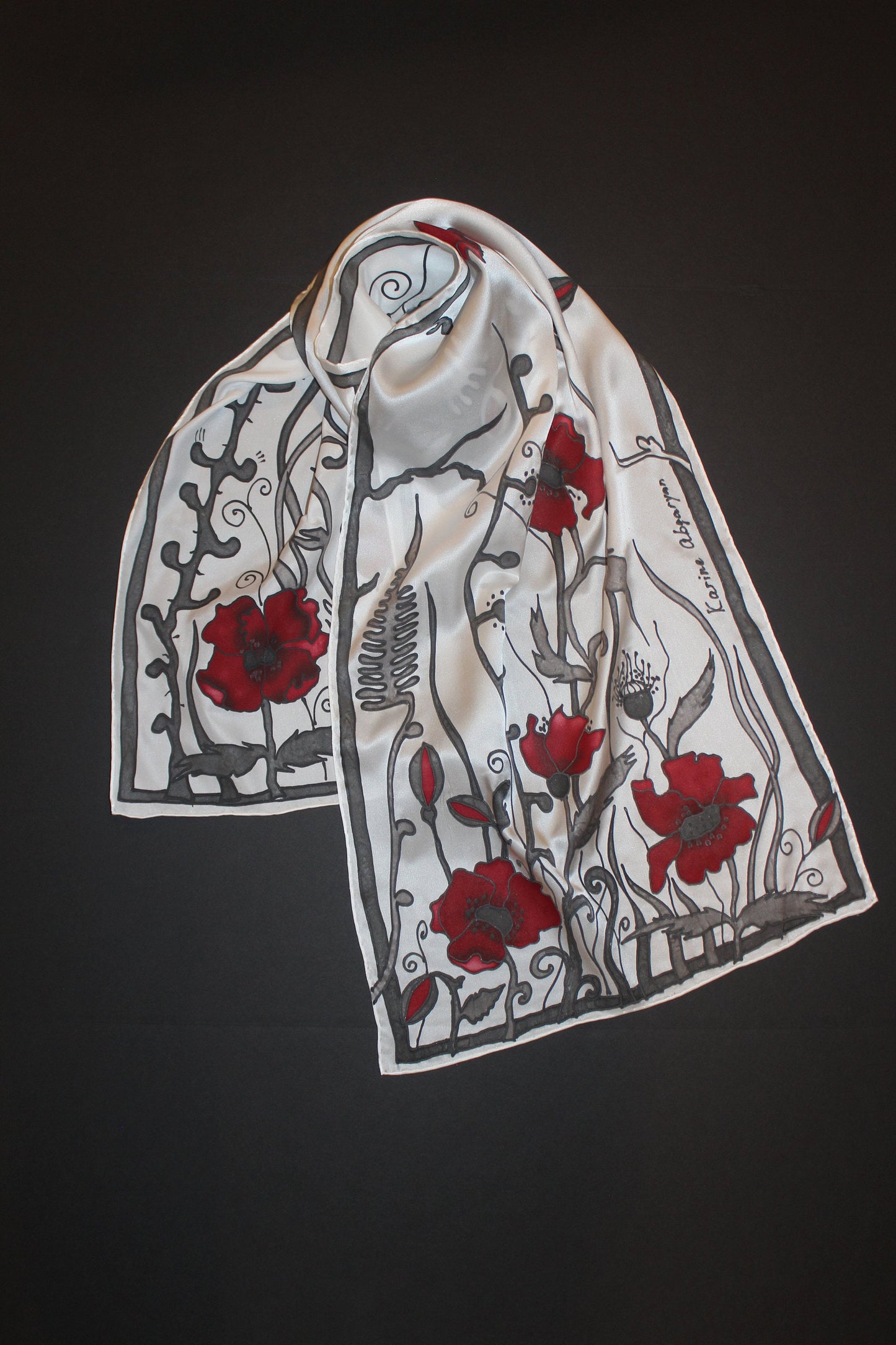 Hand painted poppy silk scarf
