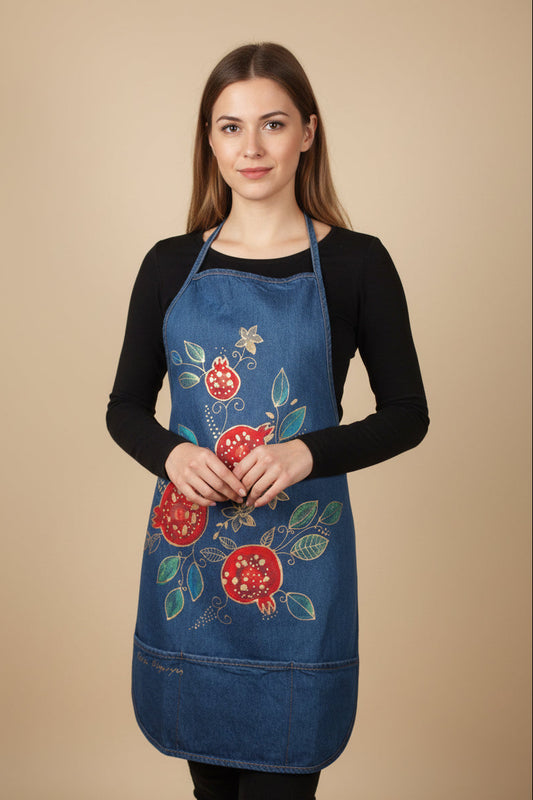 Hand painted Adult Lightweight Denim Apron with front 3 pockets 19-28 in,  Pomegranates Gardening Apron with Pockets - Women's Garden Apron