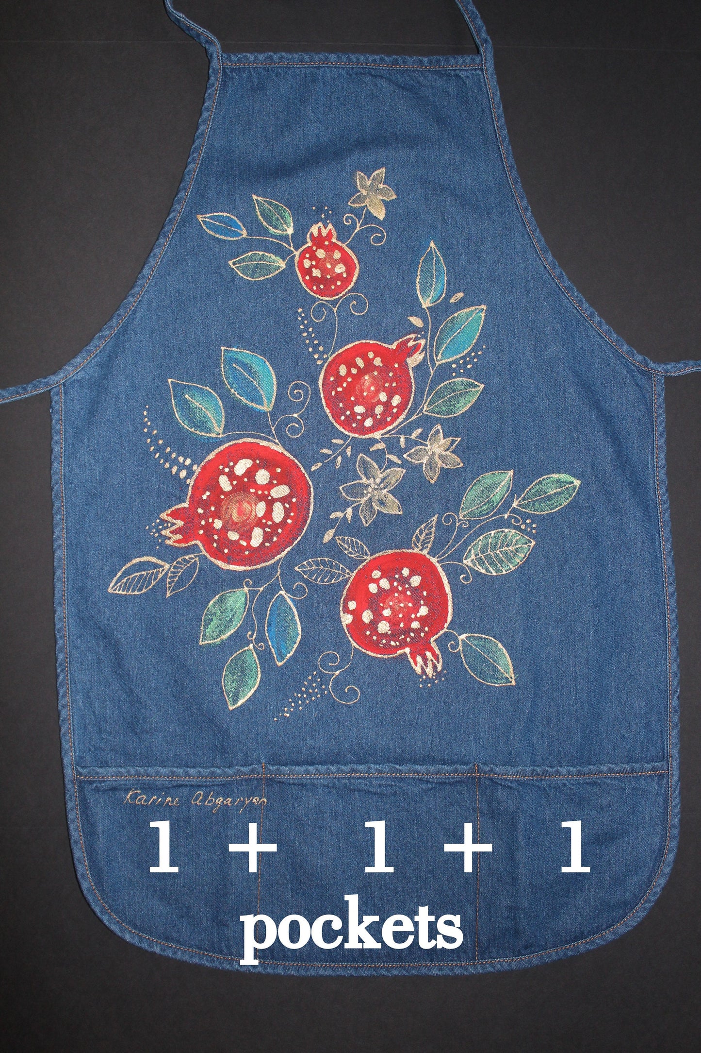 Hand painted Adult Lightweight Denim Apron with front 3 pockets 19-28 in,  Pomegranates Gardening Apron with Pockets - Women's Garden Apron