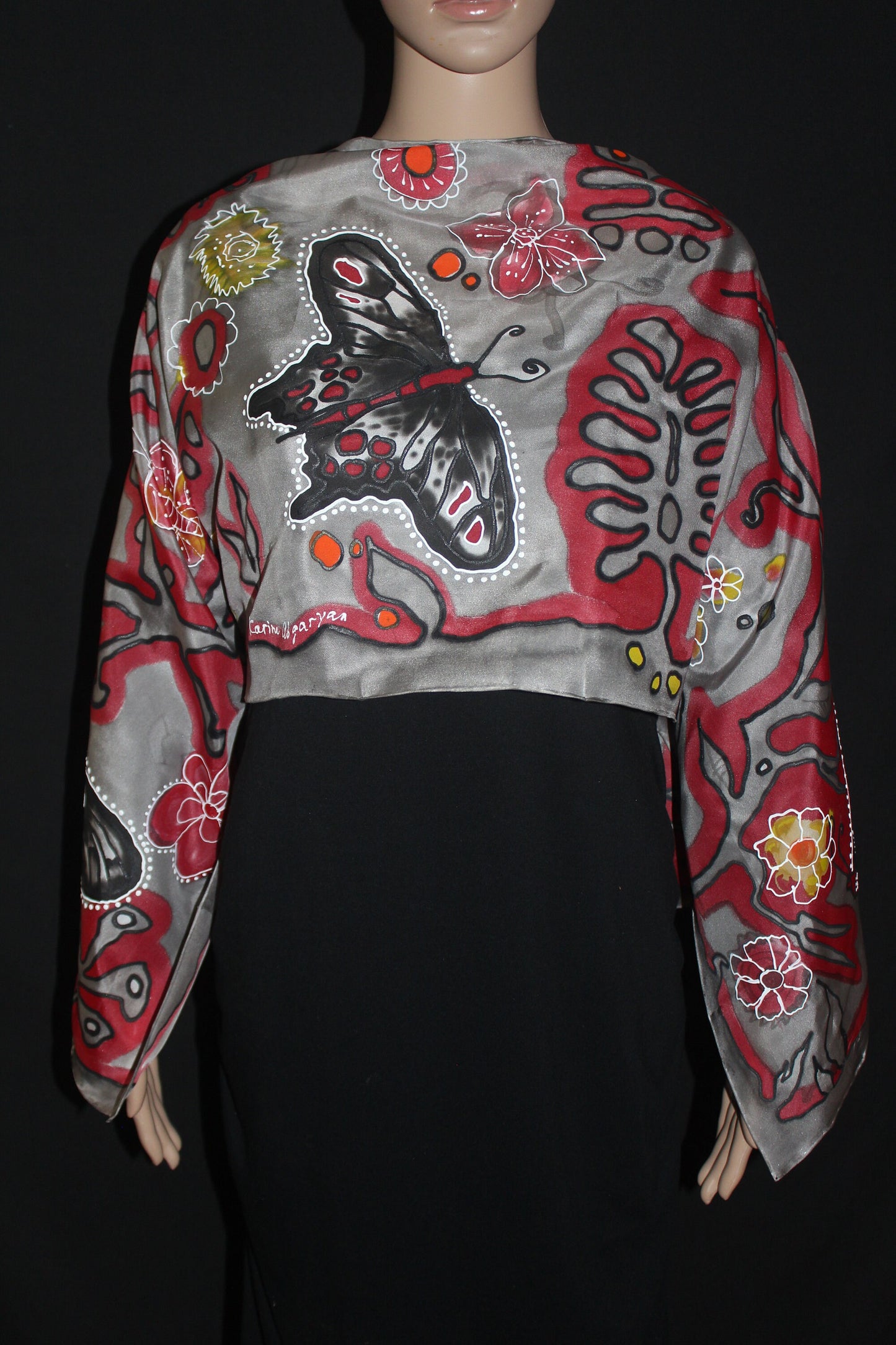 Hand painted butterfly scarf, Black and red silk scarf, Butterfly lover gift