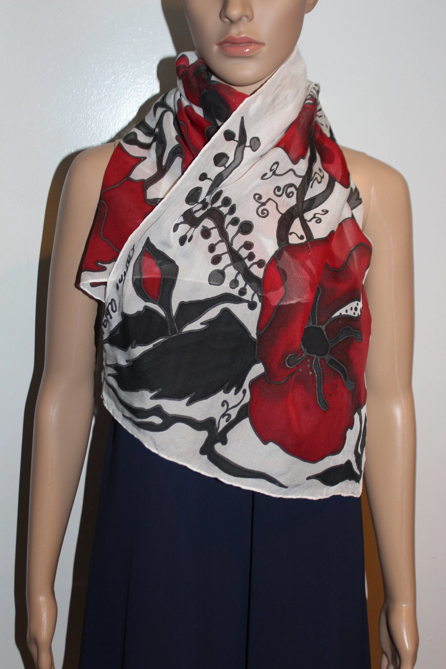 Hand painted poppy silk scarf