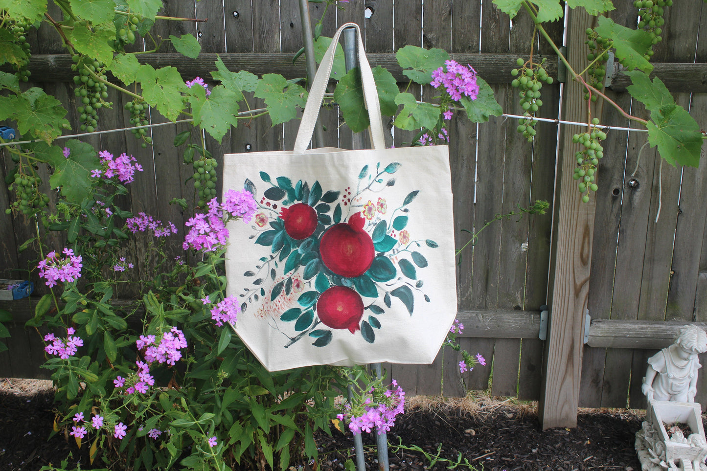 Hand painted heavy duty extra large pomegranate tote bag, grocery bag