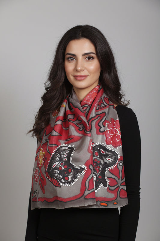 Hand painted butterfly scarf, Black and red silk scarf, Butterfly lover gift