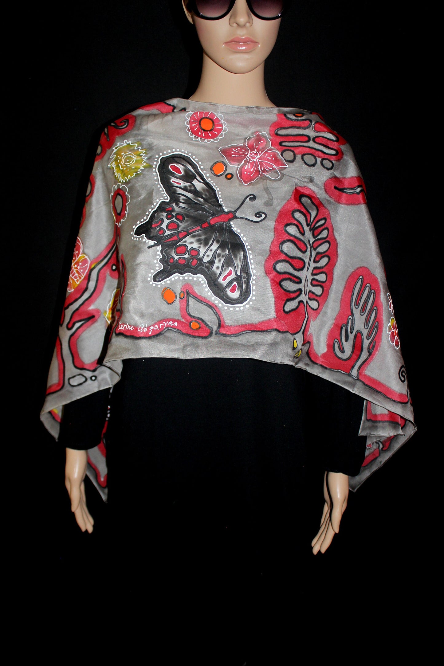 Hand painted butterfly scarf, Black and red silk scarf, Butterfly lover gift