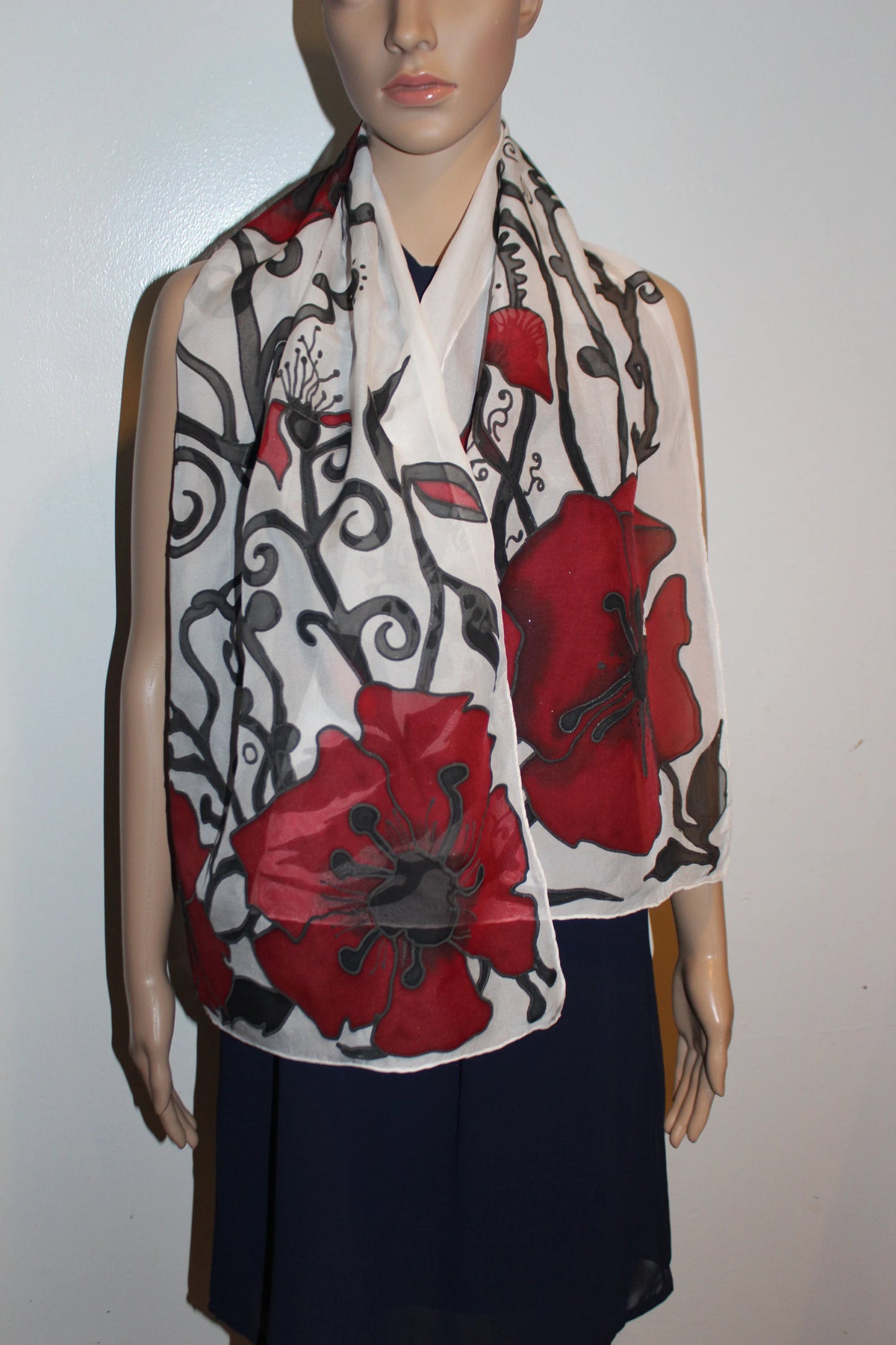 Hand painted poppy silk scarf