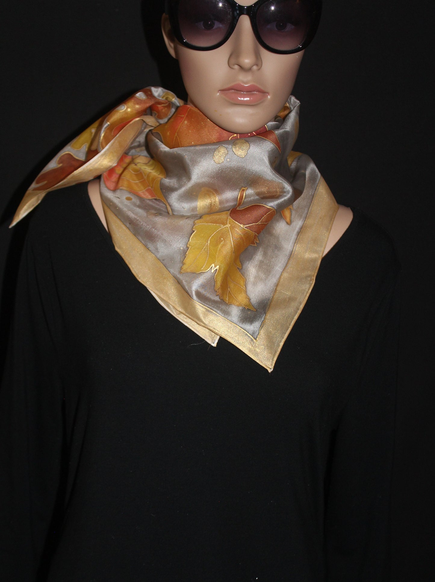 Hand painted fall silk scarf, Gold acorns and leaves