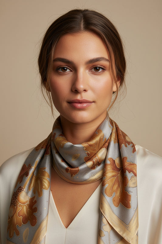 Hand painted fall silk scarf, Gold acorns and leaves