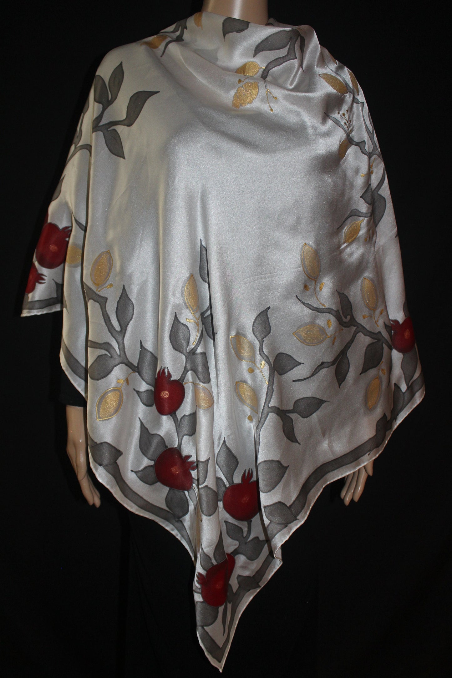 Hand painted pomegranate silk scarf