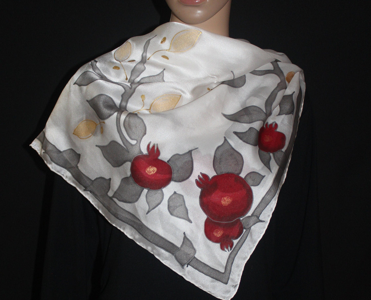 Hand painted pomegranate silk scarf