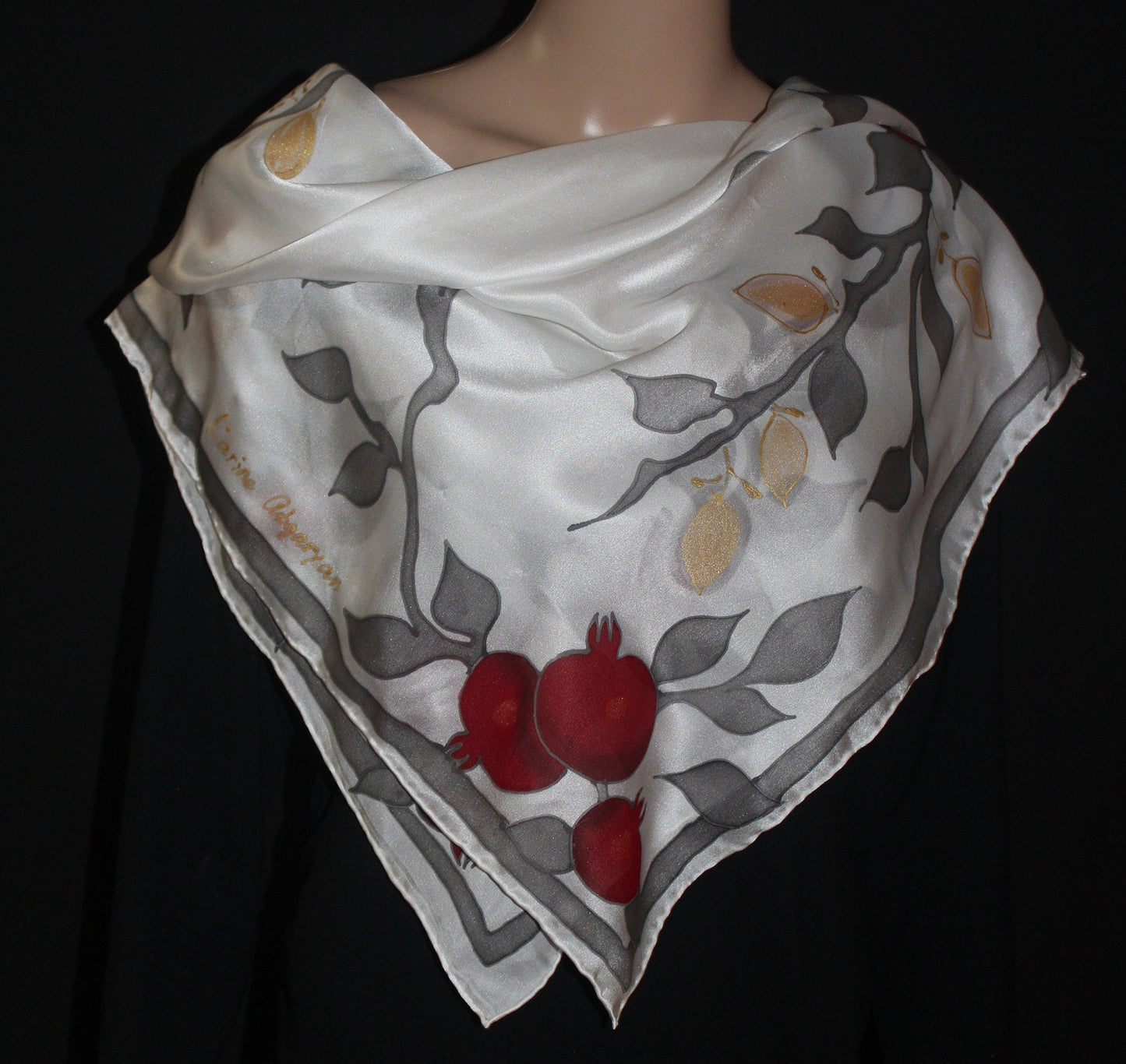 Hand painted pomegranate silk scarf