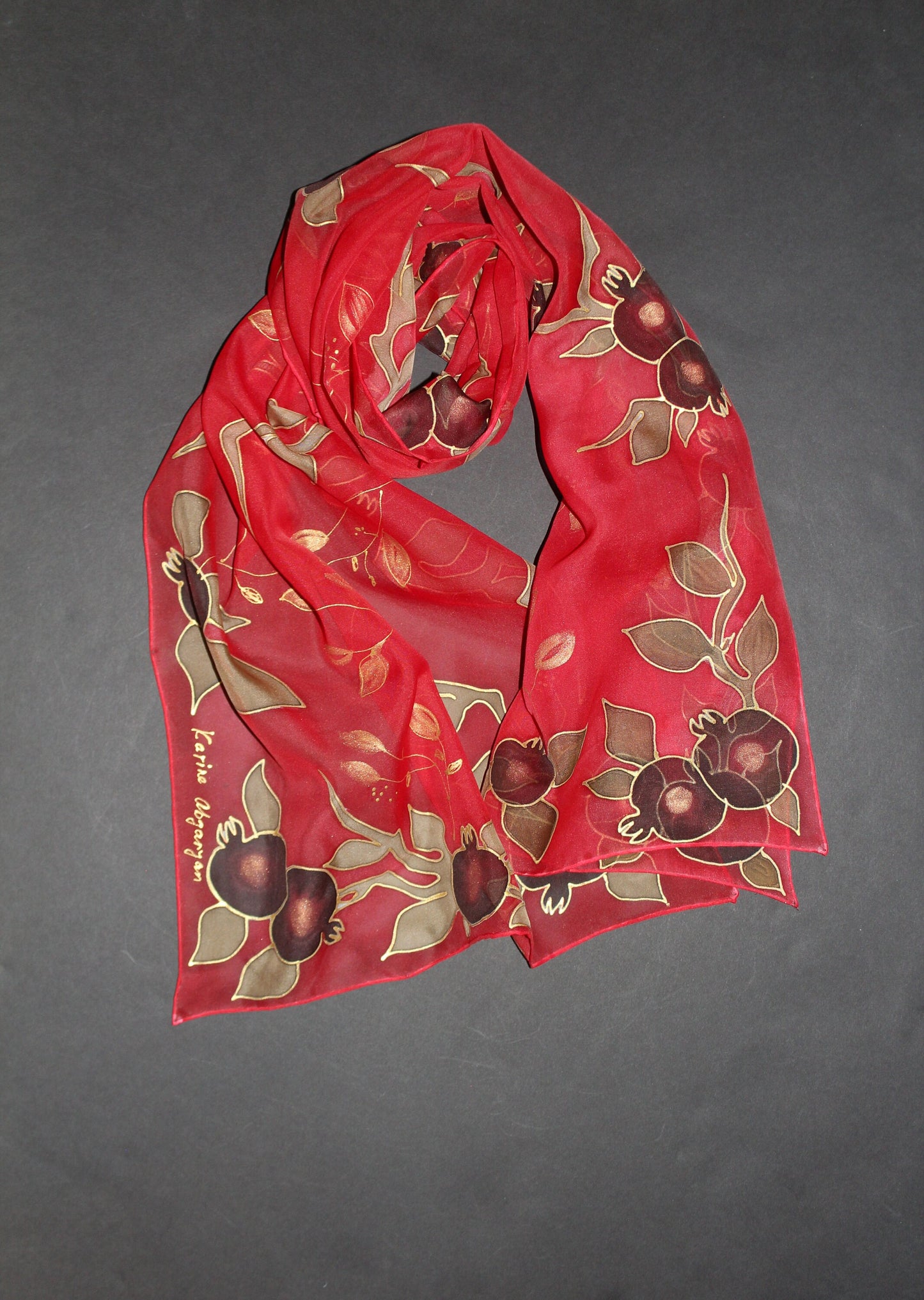 Hand painted silk scarf Pomegranates
