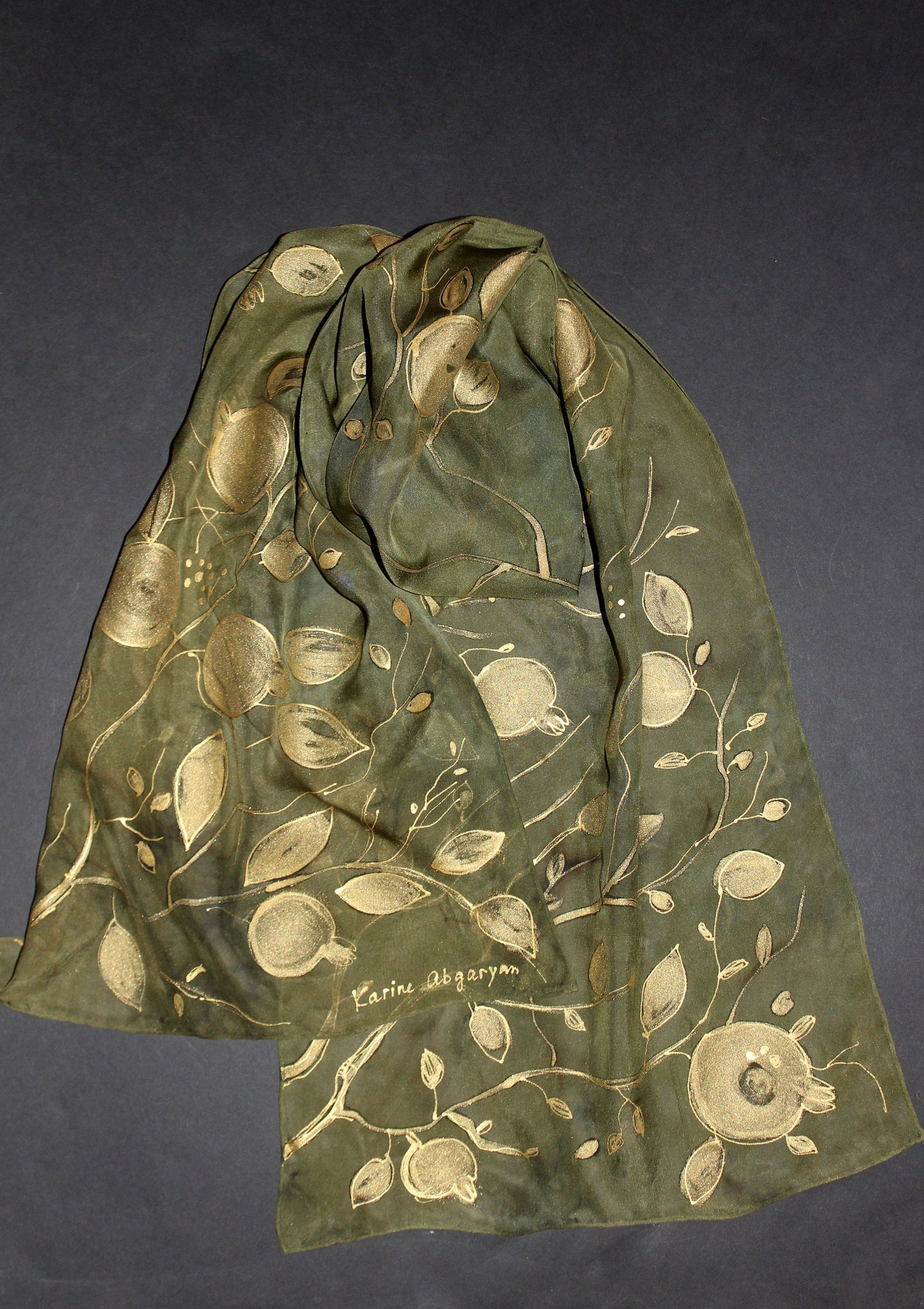 Hand painted  hand dyed scarf,Long pure silk scarf,Brilliant shining gold  leaves and pomegranate on sage green, Gift for mother, for her
