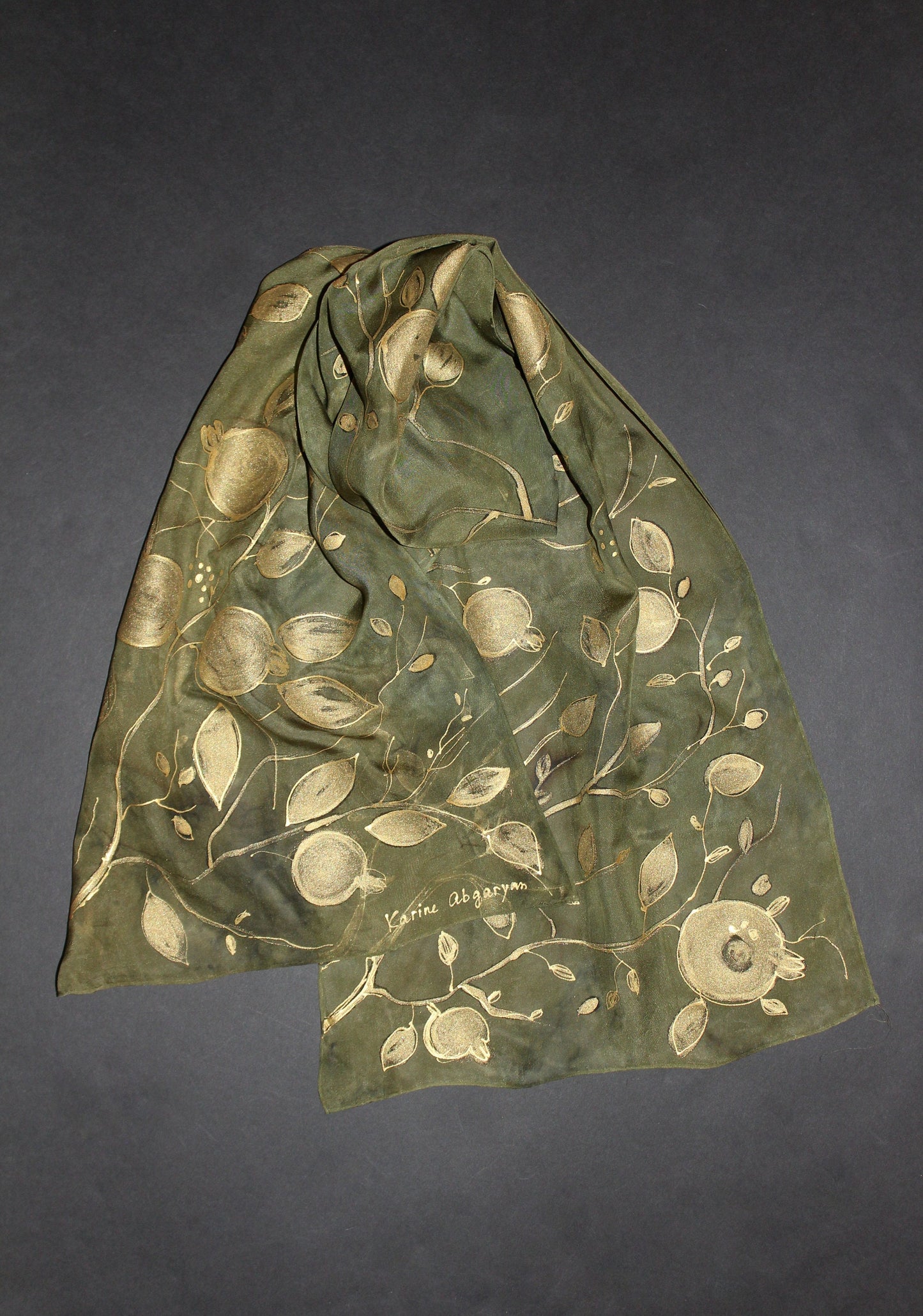 Hand painted  hand dyed scarf,Long pure silk scarf,Brilliant shining gold  leaves and pomegranate on sage green, Gift for mother, for her