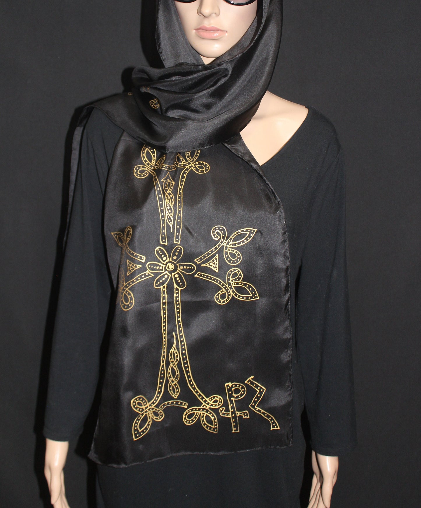 74-14 in Hand painted Armenian Cross silk scarf