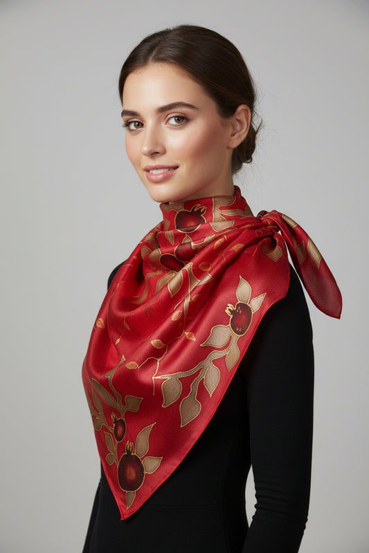 Hand painted  silk scarf,Pomegranates red silk scarf,Red green silk chiffon scarf,Armenian scarf,Armenian gift,Jewish gift for mother