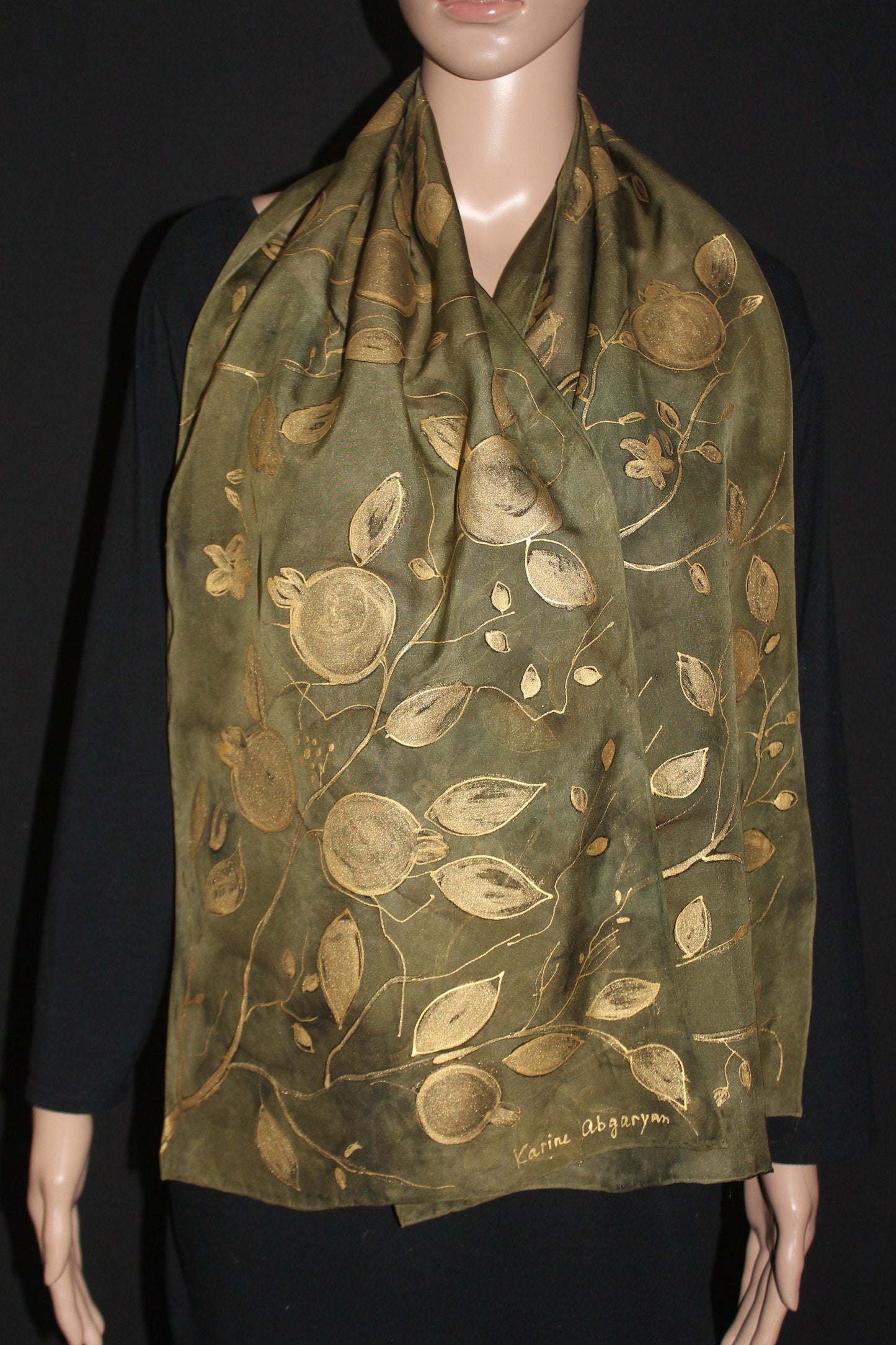 Hand painted  hand dyed scarf,Long pure silk scarf,Brilliant shining gold  leaves and pomegranate on sage green, Gift for mother, for her
