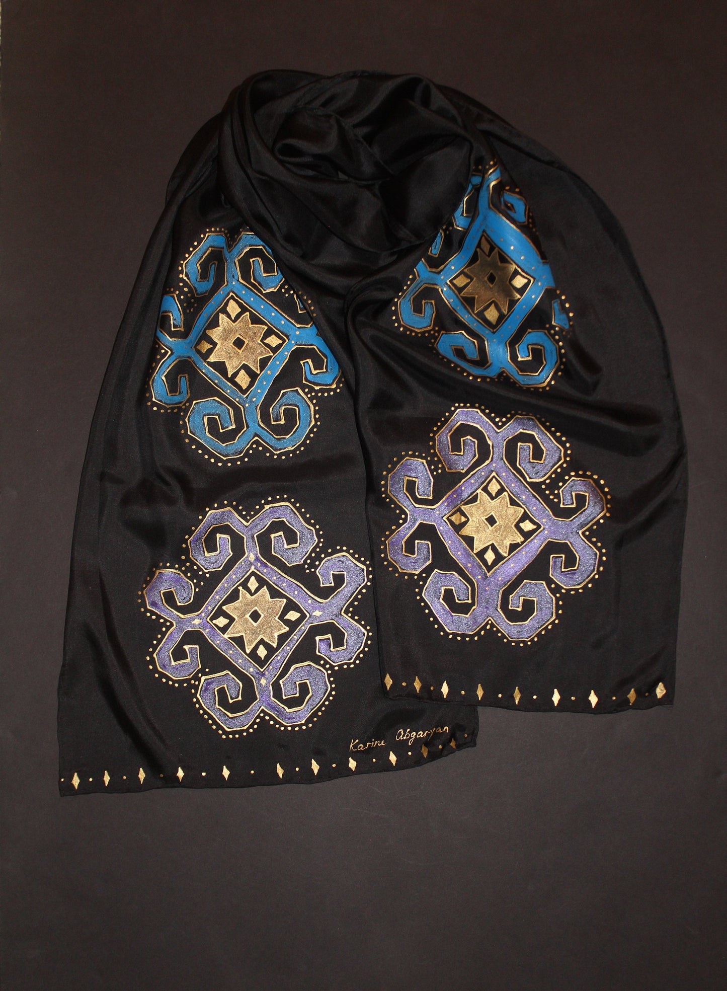 74-14 in Hand painted Armenian silk scarf, Long black gold scarf, Evening dress scarf, Armenian bird ornament